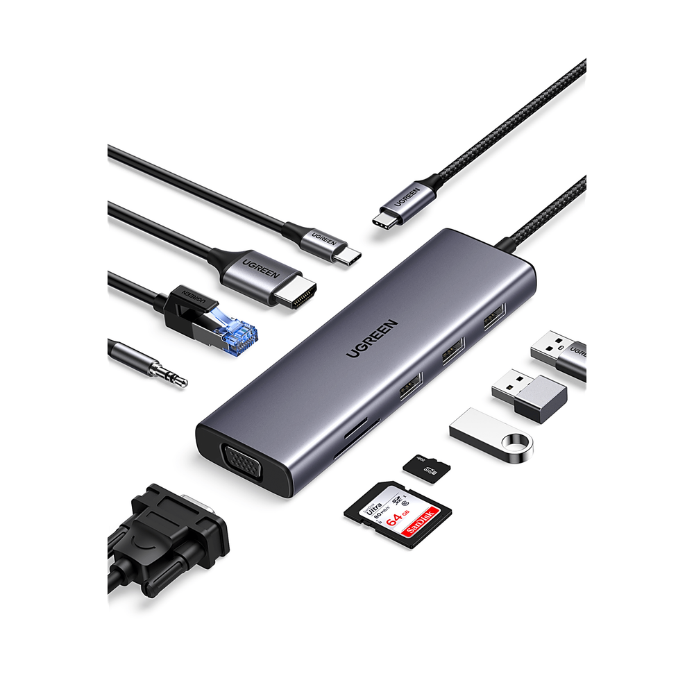 Hub USB-C 10 en 1 / HDMI 4K@30Hz + VGA 1920x1200 / 3x USB 3.0 5Gbps / Ethernet Gigabit / SD/TF Card Reader / PD 100W / Audio 3.5mm / Doble Pantalla