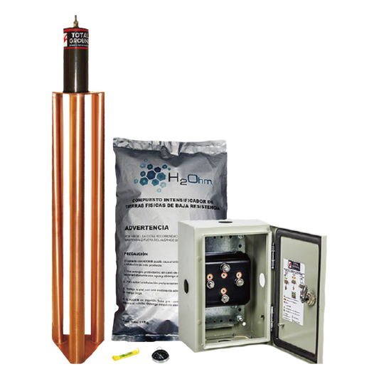 Kit de puesta a tierra de 100 Amperes con Electrodo, Filtro, Acoplador y Compuesto H2Ohm.