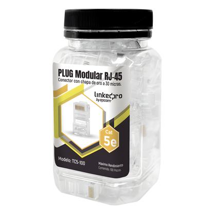 Bote con 100 Piezas de Plug Modular RJ45 Cat5e sin Blindaje, Chapado de Oro a 30 Micras para Durabilidad Extrema