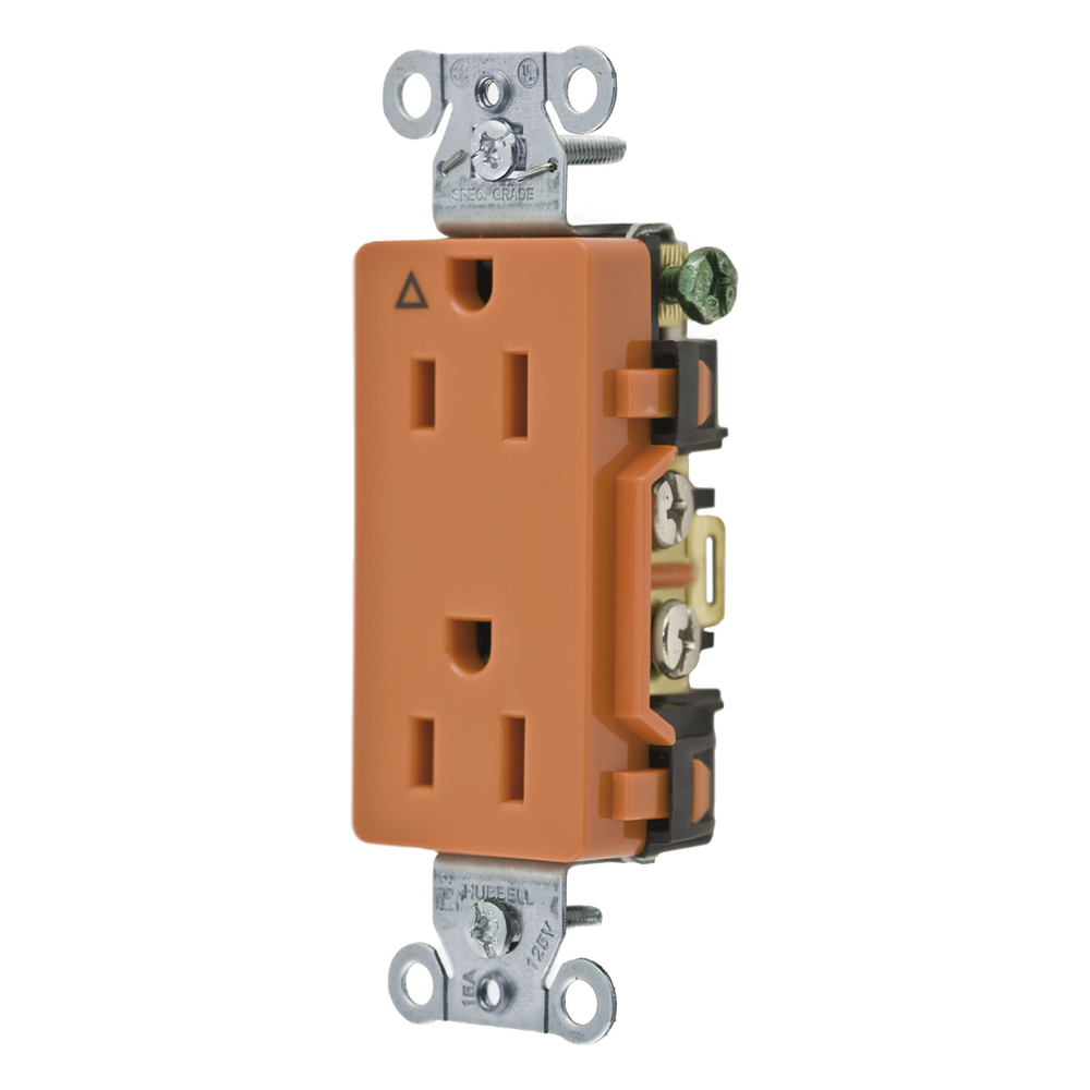 Contacto Dúplex Conexión a Tierra Aislada/ 15A 125V/ 2 polos 3 Hilos/ Nema 5-15R /Grado Comercial Decorativo/ Color Naranja.