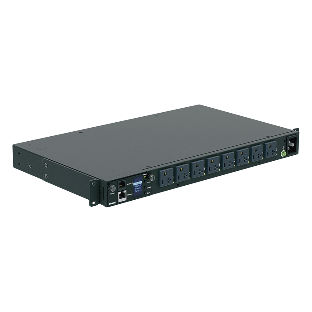 PDU Switchable y Monitoreable por Toma (MS) para Distribución de Energía, Enchufe de Entrada NEMA 5-15P, Con 8 Salidas 5-20R, Horizontal 19in, 120