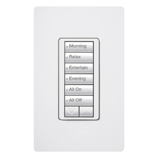Teclado híbrido C•L de 6 botones con subir/bajar y atenuador integrado de 450 W (100 W en LED/CFL), requiere neutro, para sistema RadioRA 2, color