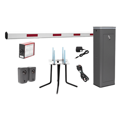 Kit COMPLETO Barrera Izquierda XBS Con Corona LED / Brazo de 5.5 Metros / Incluye Sensor de Masa, Transformador, Lazo Magnético, Ancla, Fotoceldas y