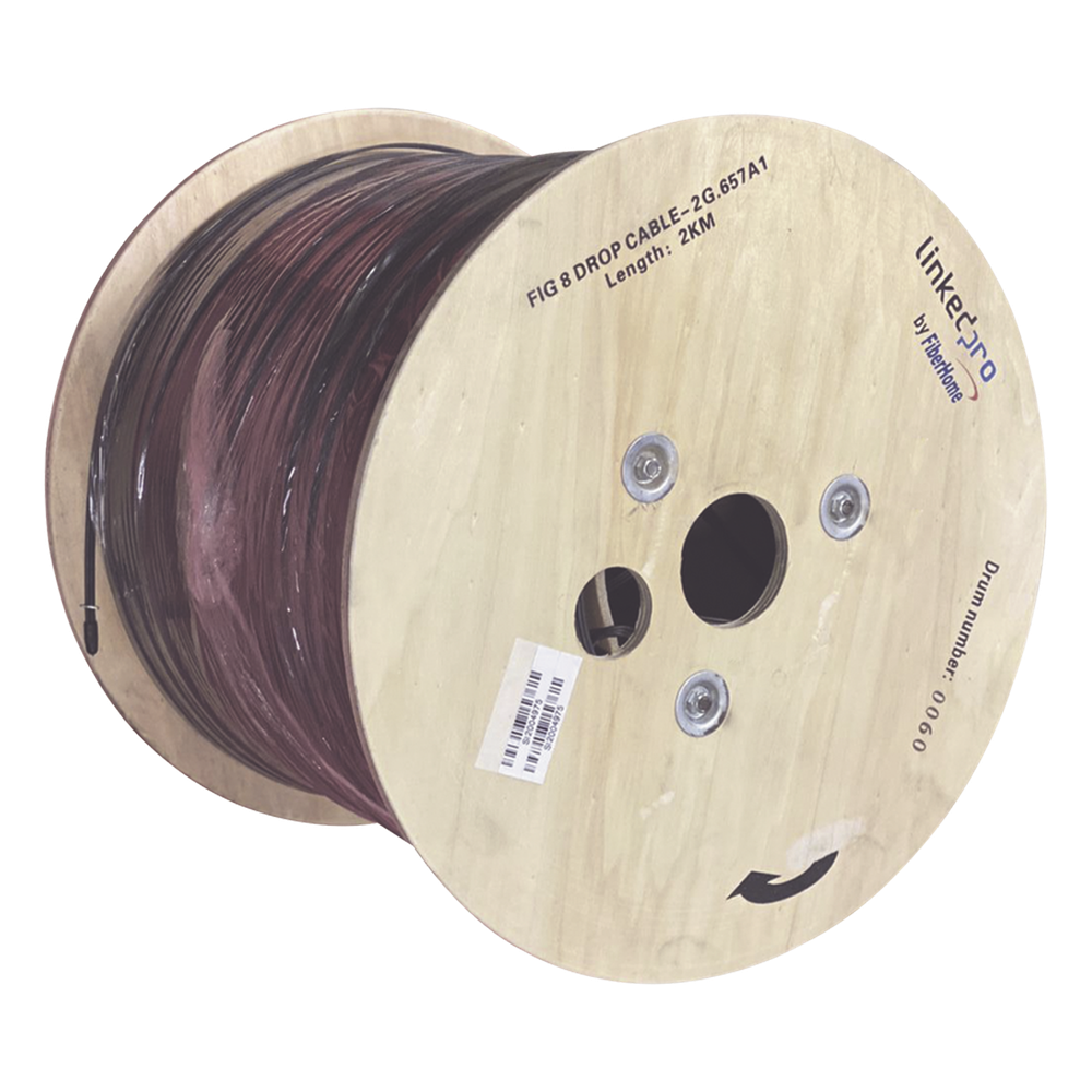 Carrete de 2 km de Fibra Óptica Aérea Mini Figura 8 G.657A1 Tipo Drop, Monomodo de 2 Hilos (Bifibra), Diseñada para Fusionarse, Color Negro, Span 80