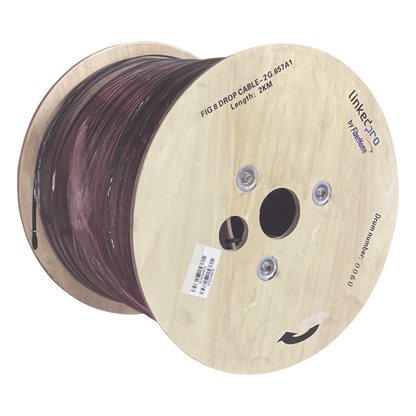 Carrete de 2 km de Fibra Óptica Aérea Mini Figura 8 G.657A1 Tipo Drop, Monomodo de 2 Hilos (Bifibra), Diseñada para Fusionarse, Color Negro, Span 80