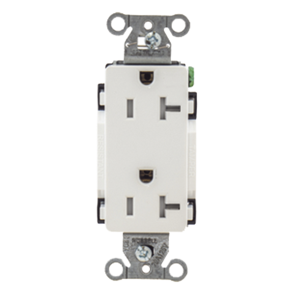 Contacto Duplex Decorador Grado Industrial / 20A 125V / Resistente a Manipulaciones / 2 Polos 3 Hilos / NEMA 5-20R / Color Blanco