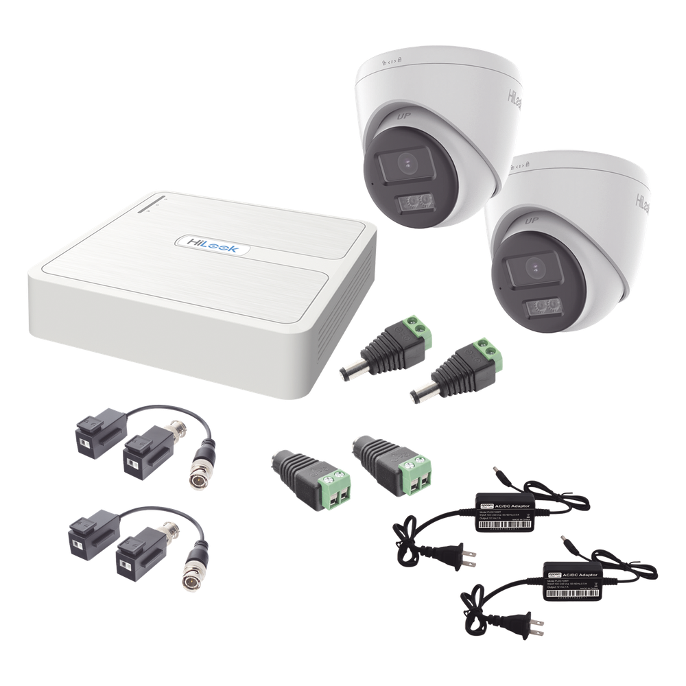 Kit HiLook Audio Bidireccional TurboHD 1080p / DVR 4 Canales / 2 Cámaras Turret (Exterior) con Bocina y Microfóno Integrado / 2 Fuentes de Poder