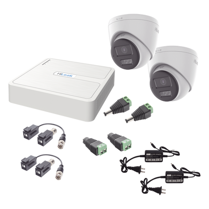 Kit HiLook Audio Bidireccional TurboHD 1080p / DVR 4 Canales / 2 Cámaras Turret (Exterior) con Bocina y Microfóno Integrado / 2 Fuentes de Poder