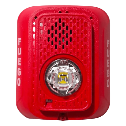Sirena con lámpara estroboscópica LED de 2 hilos para pared, candela seleccionable, marcaje en español FUEGO, compatible con SpectrAlert