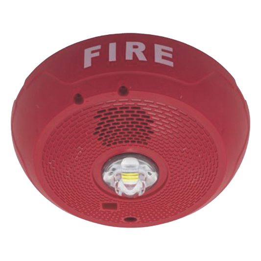 Sirena con estrobo LED de 2 hilos para techo, 24 Vcd, candela seleccionable hasta 177 cd, puntos de prueba DVM, color rojo