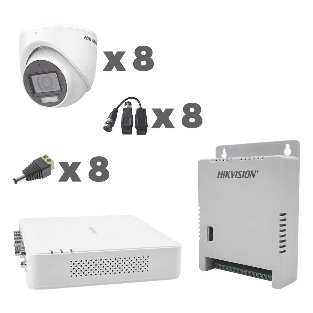KIT TurboHD 1080p / DVR 8 Canales con audio por coaxitron / 8 Cámaras con Micrófono Integrado 101° Visión/ luz blanca + IR visión nocturna