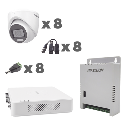 KIT TurboHD 1080p / DVR 8 Canales con audio por coaxitron / 8 Cámaras con Micrófono Integrado 101° Visión/ luz blanca + IR visión nocturna