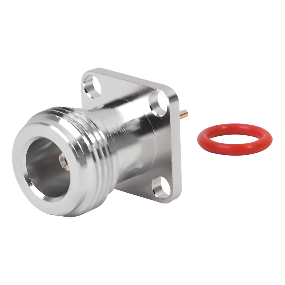 Conector N Hembra de Montaje de Panel con 4 perforaciones a 12.7 mm, soldable