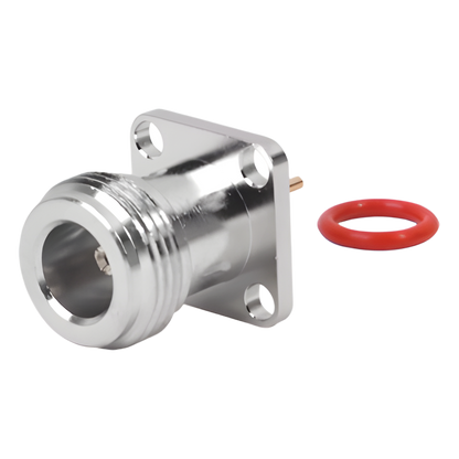 Conector N Hembra de Montaje de Panel con 4 perforaciones a 12.7 mm, soldable