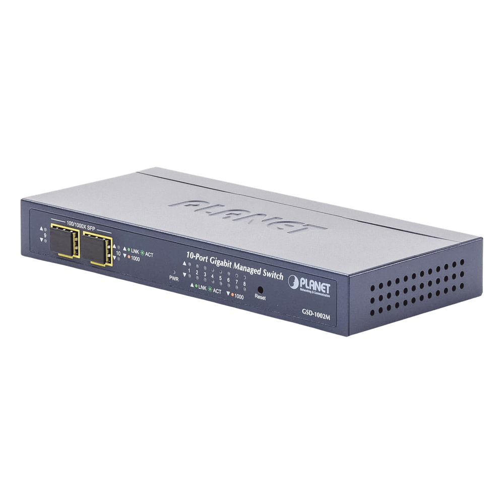 Switch Administrable de Escritorio de 8 Puertos Gigabit/ 2 Puertos SFP / 20 Gbps Switching / PoE In 802.3af/at / Dual Power DC + PoE / VLAN Q-in-Q