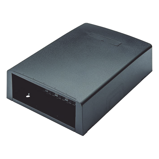 Caja de Montaje en Superficie, con Accesorio para Resguardo de Fibra Óptica, para 12 Módulos Mini-Com, Color Negro