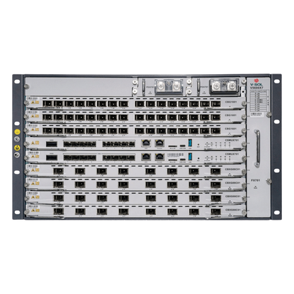 OLT Modular tipo Chasis GPON/XGS-PON Combo, 7 Ranuras de Servicio, Incluye 1 Tarjeta de Servicio de 16 puertos GPON