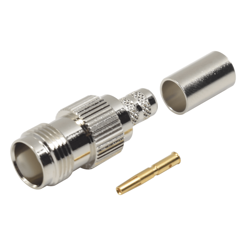 Conector TNC Hembra de Anillo Plegable para Cables RG-8/X, LMR-240, Grupo X, Níquel/ Oro/ Delrin
