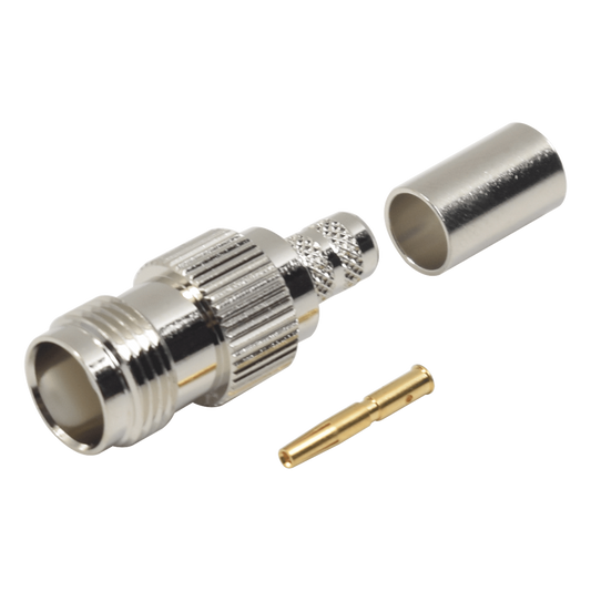 Conector TNC Hembra de Anillo Plegable para Cables RG-8/X, LMR-240, Grupo X, Níquel/ Oro/ Delrin