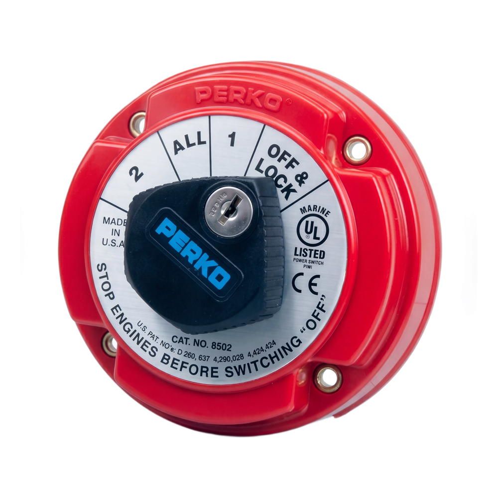 Switch Selector de Batería Marina PERKO 8502 con Llave / 250A Continuos 360A Intermitentes / 6-32 VCC / Selector 1-2-Both-Off / Bloqueo con Llave