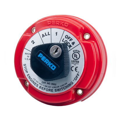 Switch Selector de Batería Marina PERKO 8502 con Llave / 250A Continuos 360A Intermitentes / 6-32 VCC / Selector 1-2-Both-Off / Bloqueo con Llave
