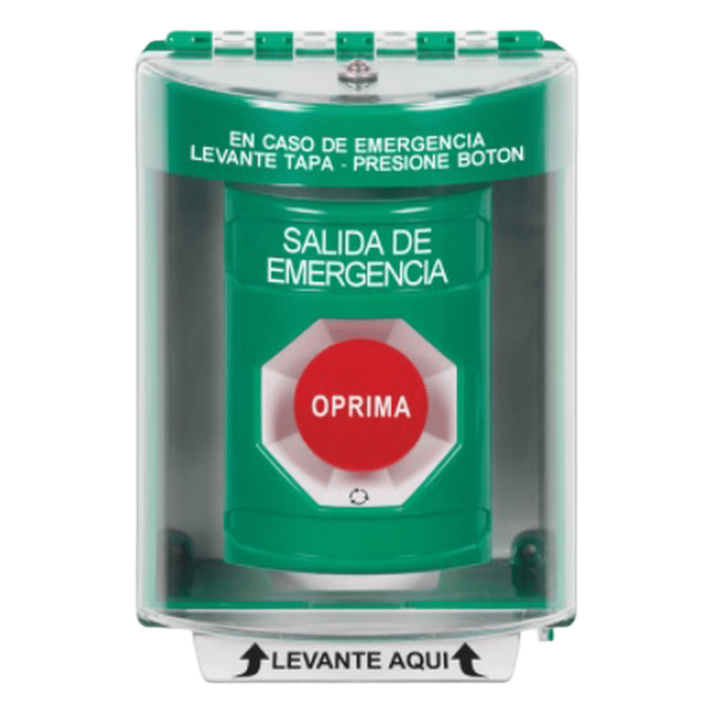 Botón de Salida de Emergencia, Cubierta de Policarbonato Súper Resistente de Superficie con Espaciador, Activación de Acción Mantenida, Con Bocina de
