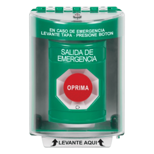 Botón de Salida de Emergencia, Cubierta de Policarbonato Súper Resistente de Superficie con Espaciador, Activación de Acción Mantenida, Con Bocina de