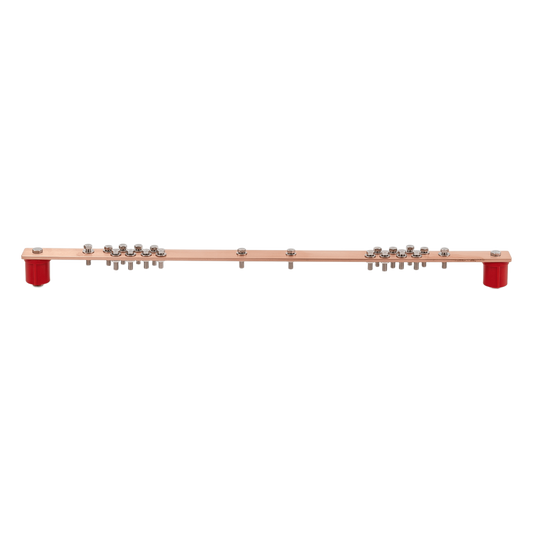 Barra Distribución Tierra Rack 19 in / Cobre 100% / 550A / Aisladores Rojos / 0.64 cm (0.25 in) / J-STD-607-A