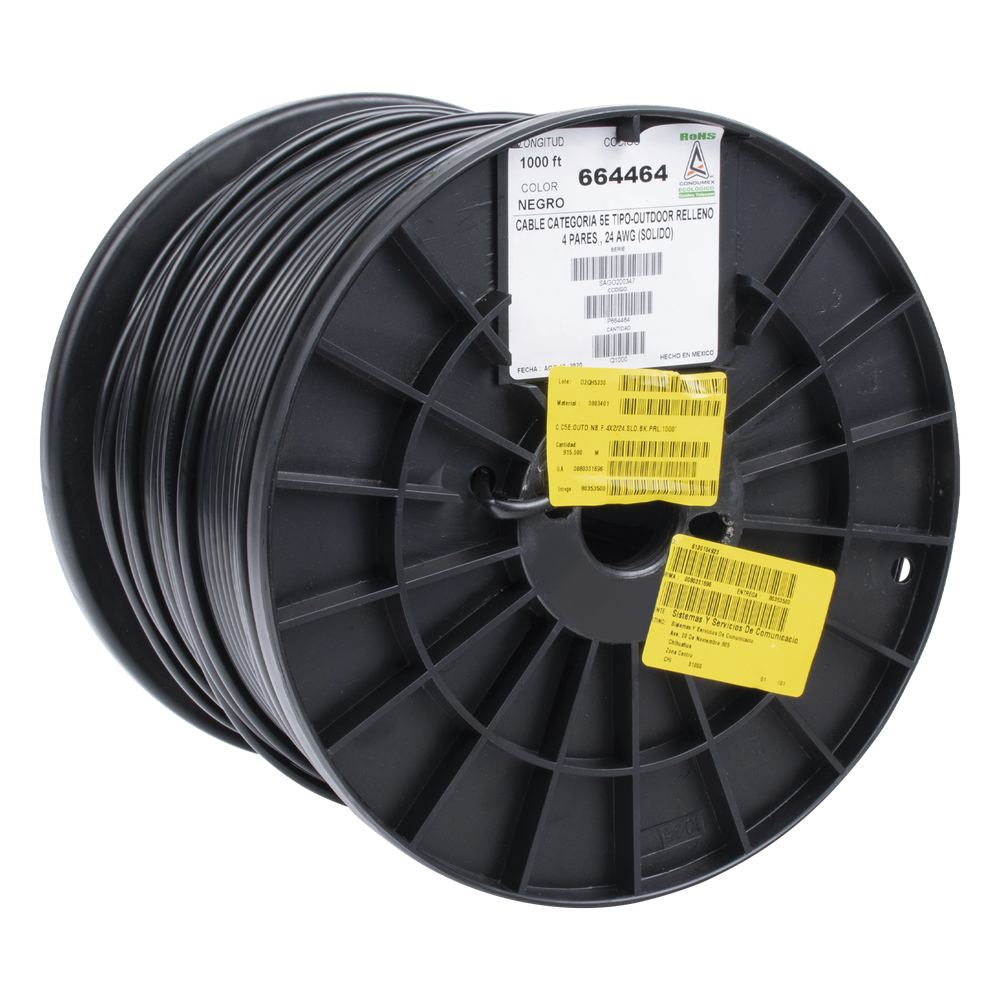 Bobina de 305 Metros (1000 Pies) Cat5e con Gel para Exterior, Color Negro, para Aplicaciones en Sistemas de Redes de Datos y Cableado Estructurado.