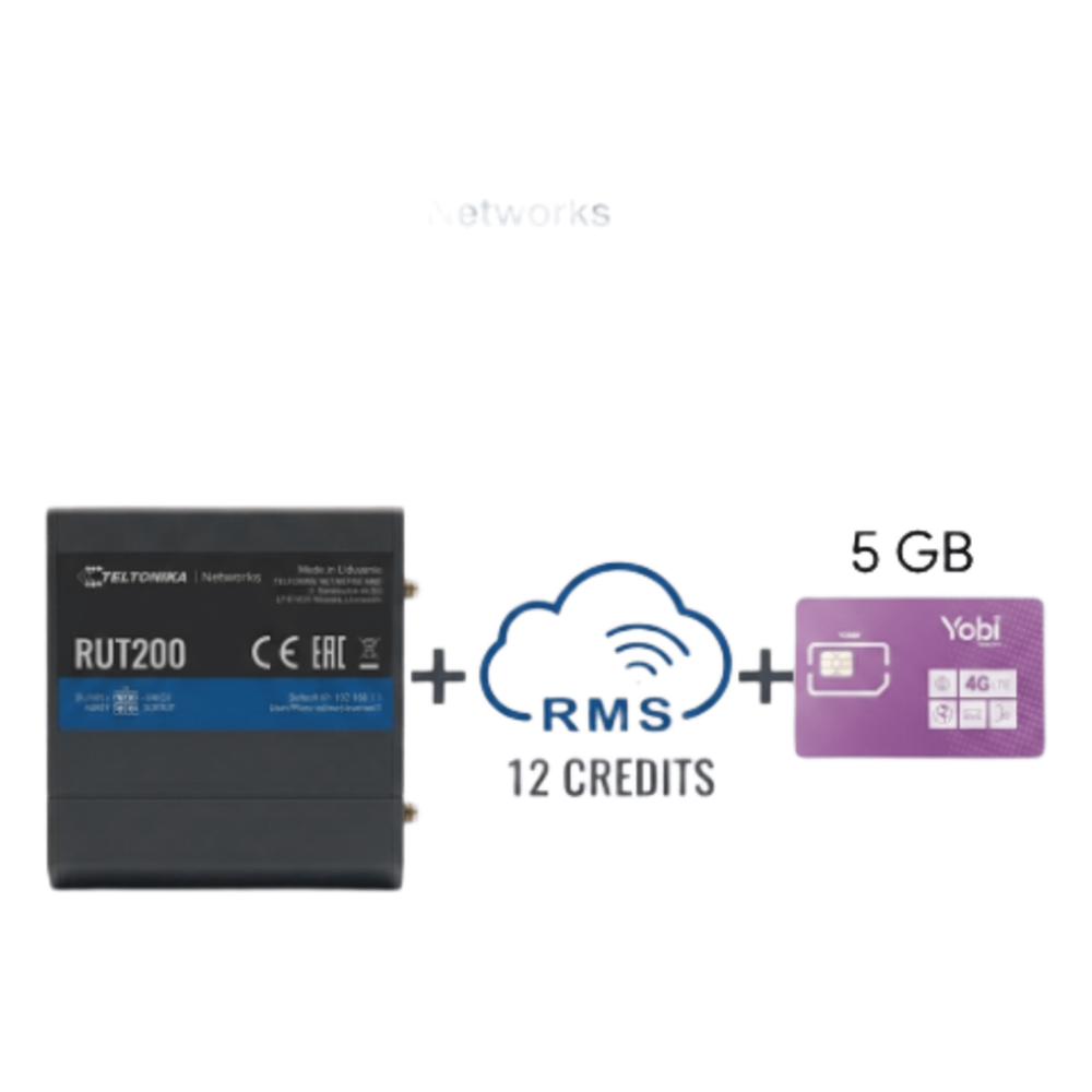 Router Teltonika LTE/4G RUT200 + 12 creditos RMS + SIM de YOBI de 5GB por Mes durante un año de servicio (solo datos)