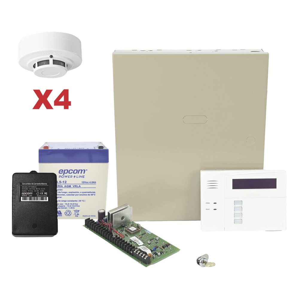 Kit de panel de control antirrobo VISTA-48LA con teclado-receptor inalámbrico 6160RF, gabinete, batería, transformador y 4 detectores de humo