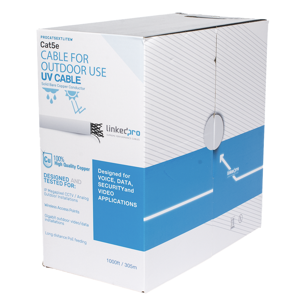 Bobina de cable de 305 m, Cat5e, para intemperie, sin blindar, color blanco, UL, para aplicaciones en CCTV, redes de datos, Requiere tubería para su