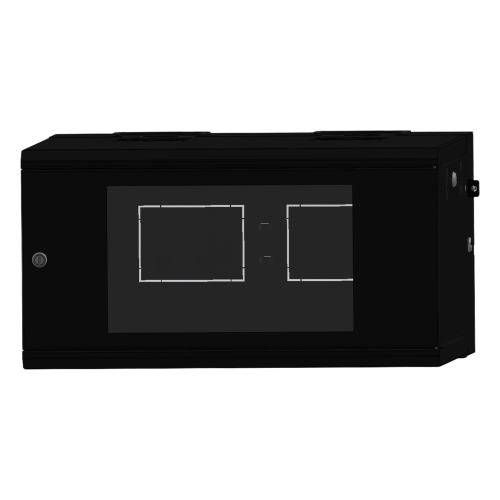 Gabinete Rackeable / 06 Unidades / Pared 19 Pulgadas / Puerta de Cristal / Pintura Electroestática Negro / Abatible 120° / Ventilación 120 mm