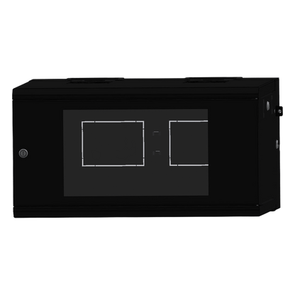Gabinete Rackeable / 06 Unidades / Pared 19 Pulgadas / Puerta de Cristal / Pintura Electroestática Negro / Abatible 120° / Ventilación 120 mm