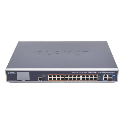 Switch Administrable L3, 24 puertos Gigabit PoE 802.3bt, 2 puertos 10G SFP+, Pantalla Tactil, Fuente Redundante, (600W)