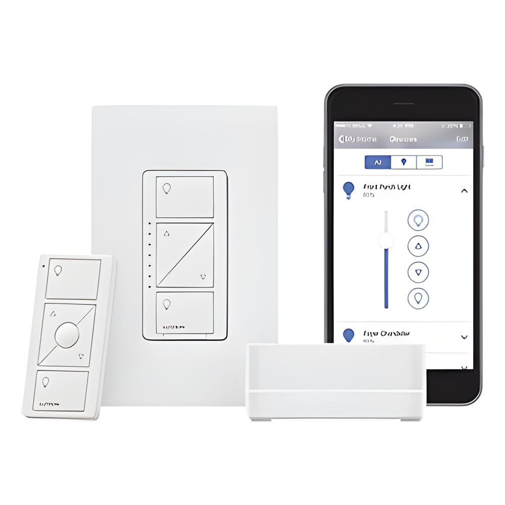 Kit de inicio Caseta Wireless con hub Smart Bridge Pro, atenuador de pared de 120 V, control remoto Pico y placa Claro, compatible con Apple HomeKit