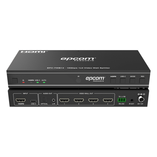 Videowall 4K 1x4 | HDMI & USB-C | 8 Modos de Visualización | Audio Óptico/Analógico | Control RS-232/IR | Plug & Play