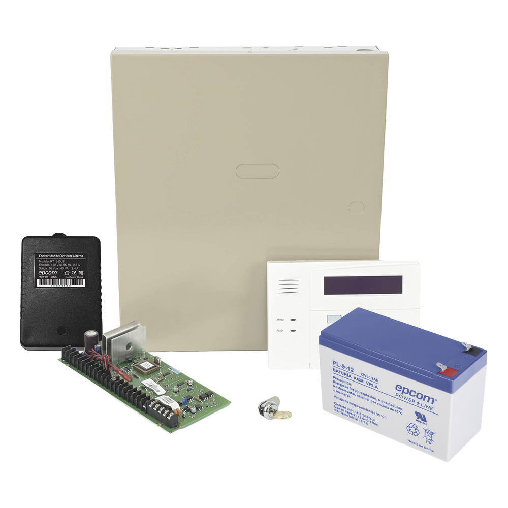 Kit de panel de alarma con teclado alfanumérico, batería de respaldo, transformador y gabinete