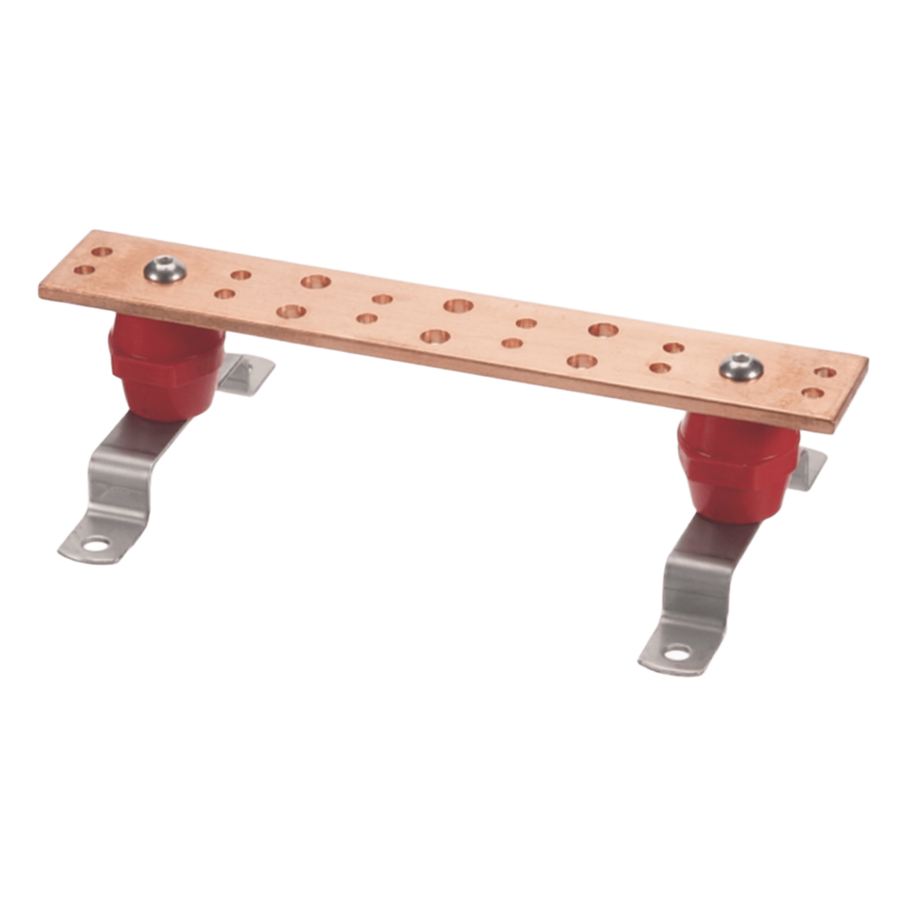 Barra Unión Telecom TMGB / 12 x 2 x 1/4 in / Cobre 100% / 6+12 Orificios / Montaje Muro Incluido / Aisladores Rojos / J-STD-607-A