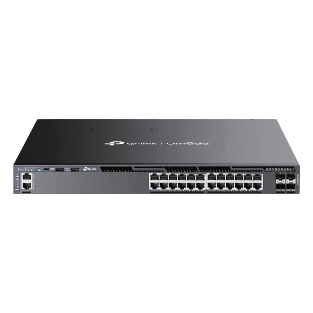 Switch L3 Gestionable PoE+ / 24 Puertos Gigabit / 4 Slots 10G SFP+ / Stackable / Presupuesto PoE 720W / Gestión Cloud Omada SDN / Redundancia de