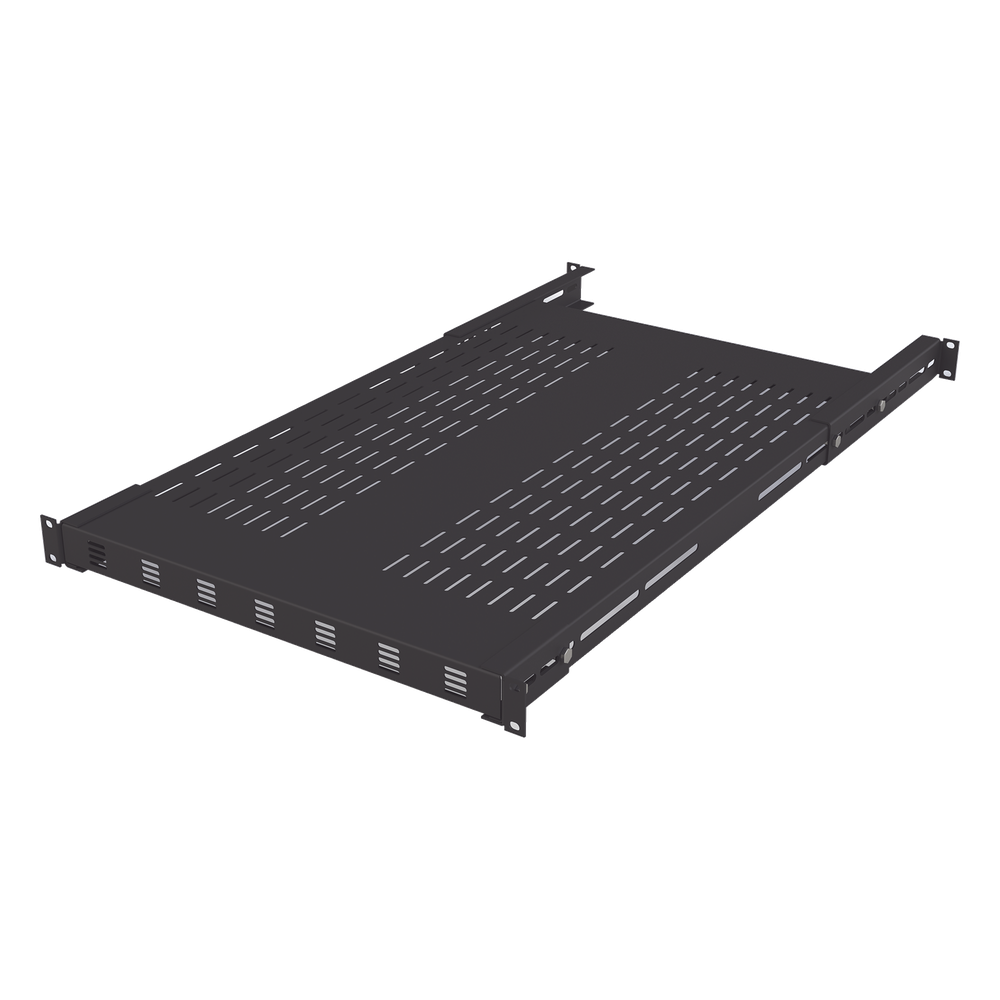 Charola Ventilada para Soportar Equipos en Rack, Profundidad Ajustable de 495 a 965 mm, 1U, Color Negro