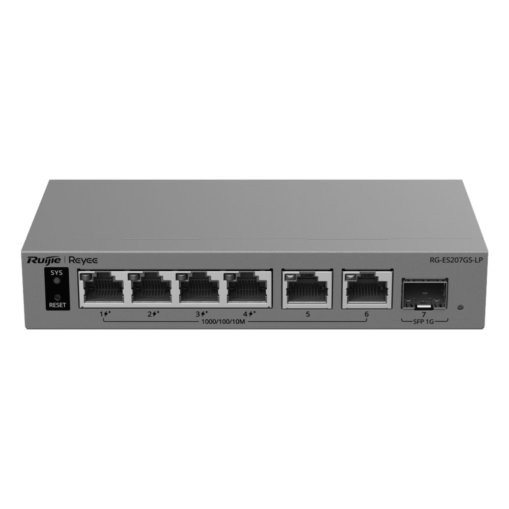 Switch Gigabit Smart Cloud Managed PoE+ / 7 Puertos (4 PoE+ 40 W) / 1 SFP Gigabit / Capa 2 / Gestión Cloud / Modo CCTV / Protección 6 kV / Fanless