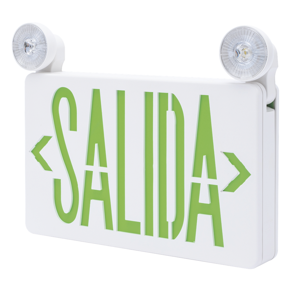 Letrero de Emergencia LED DUAL / Luz de Salida y Emergencia Integrada / Montaje Universal Pared-Lateral-Techo / Doble Voltaje 120-277 VAC / Batería