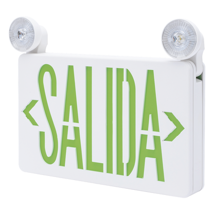 Letrero de Emergencia LED DUAL / Luz de Salida y Emergencia Integrada / Montaje Universal Pared-Lateral-Techo / Doble Voltaje 120-277 VAC / Batería