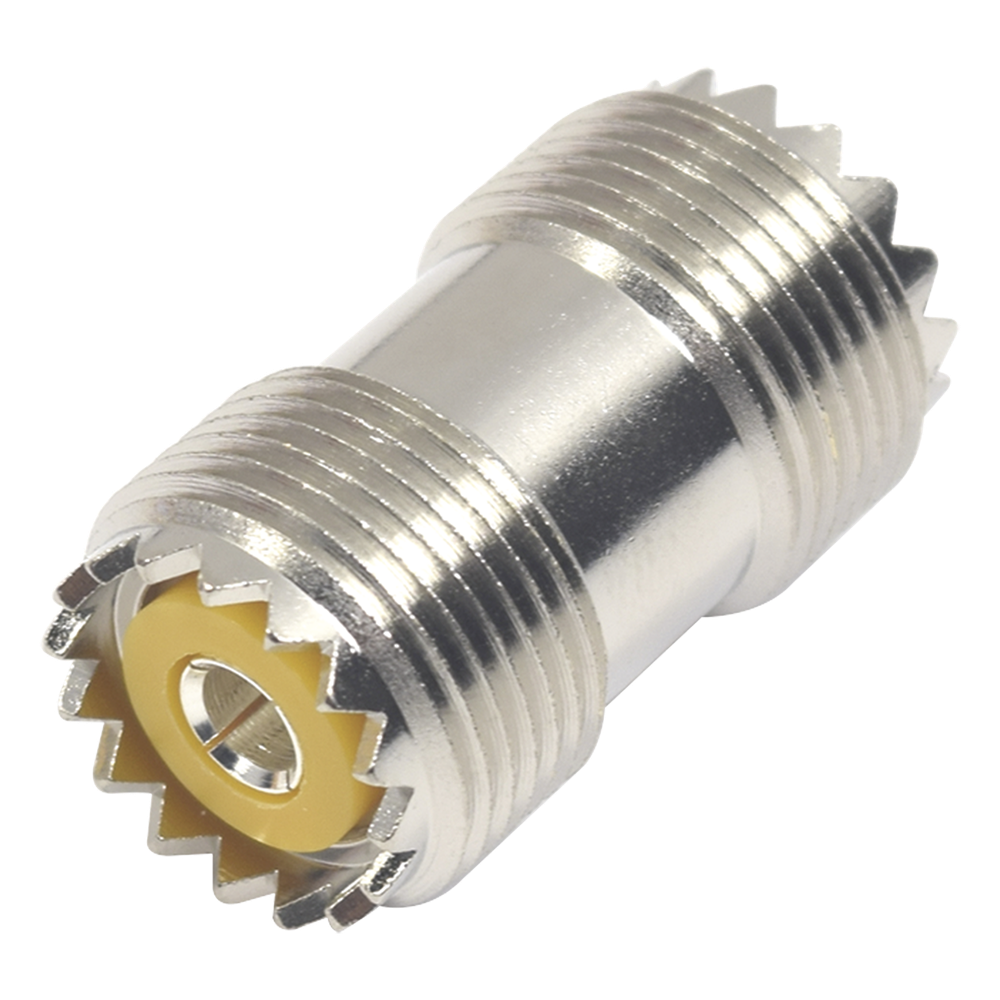 Adaptador Barril en Línea, de Conector UHF Hembra (SO-239) a UHF Hembra (SO-239), Niquel/ Plata/ Dap