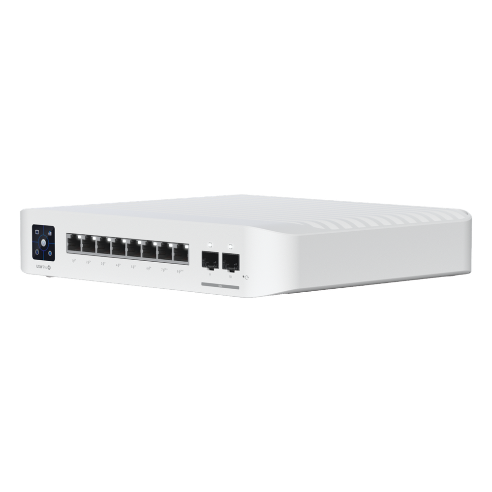 Switch UniFi Pro 8 PoE Administrable Capa 3, 8 puertos GbE / (6) puertos POE+ af/at y (2) puertos POE++ 802.3bt / (2) puertos SFP+ 10G / 120W de