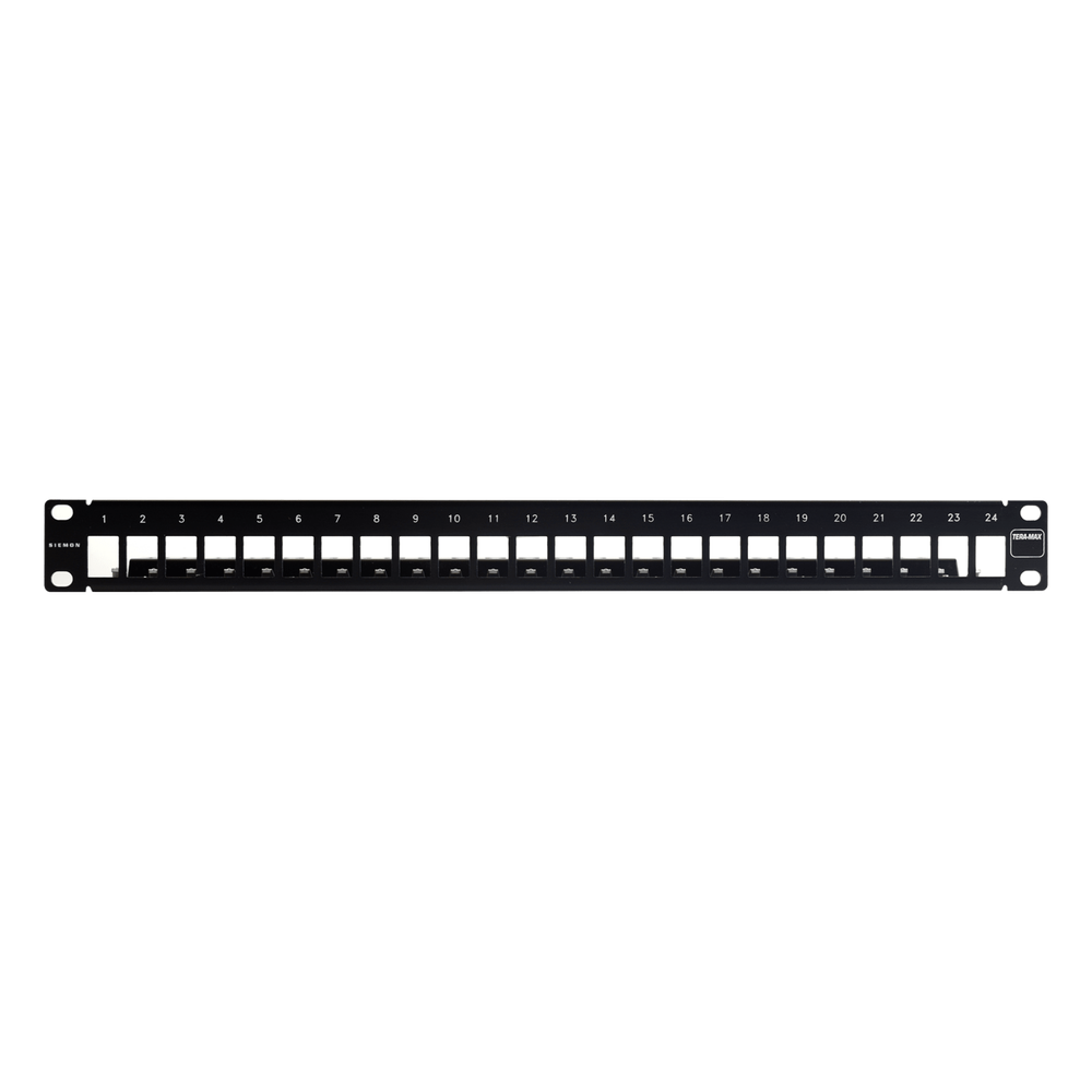 Patch Panel TERA-MAX Blindado de 24 Puertos, Modular (Vacío), Plano, Color Negro, 1UR