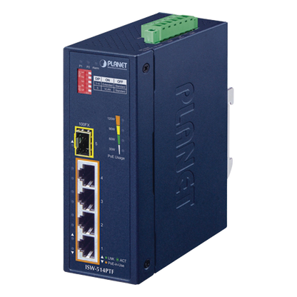 Switch industrial, Temperatura de Operación: -40 a 75ºC, 4 puertos PoE 10/100 + 1 Puerto 100Base-FX