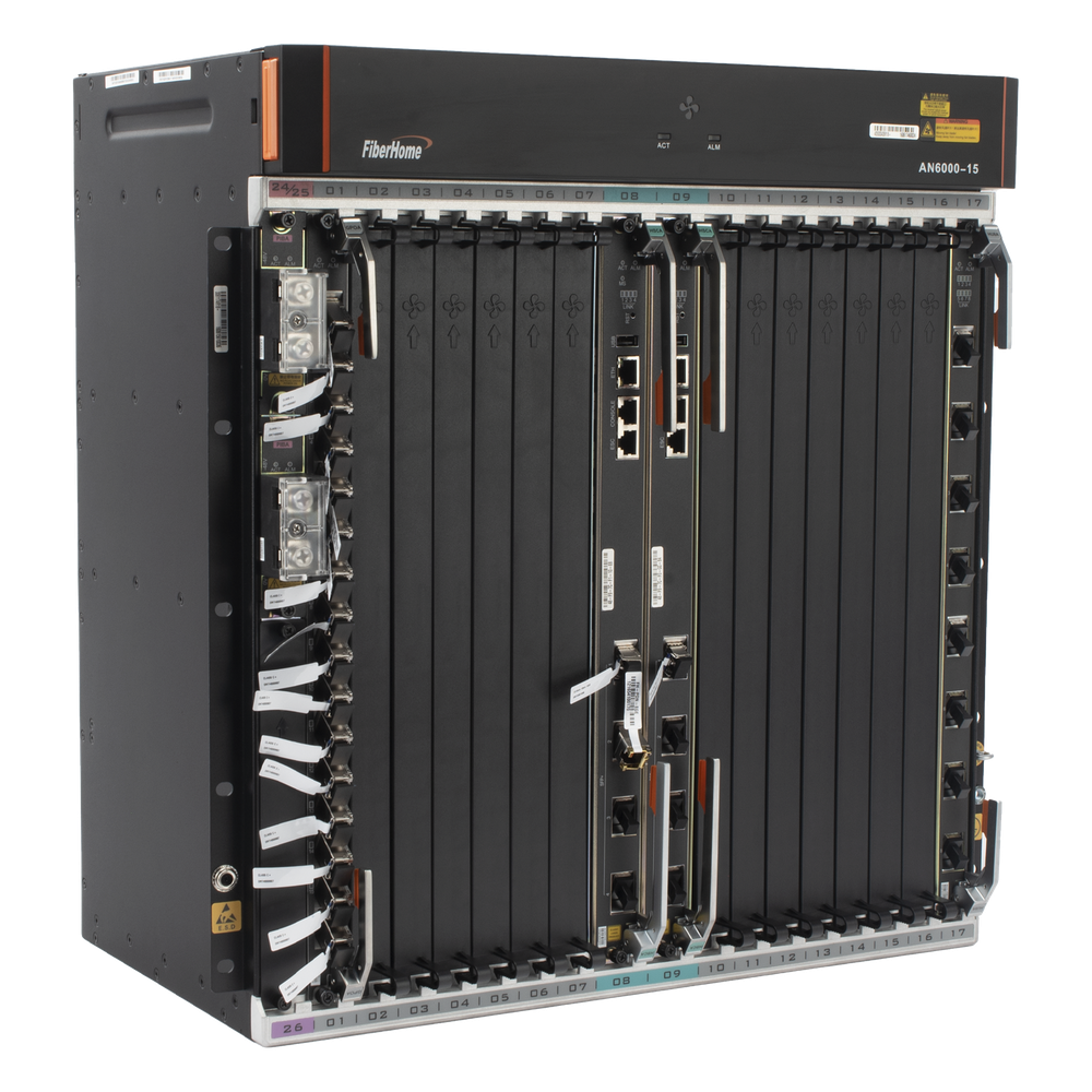 OLT Carrier Class Modular GPON, 14 Ranuras de Servicio, Incluye 1 Tarjeta de Servicio, Doble fuente -48Vcc, 11 UR, Gestión por UNM2000, CLI, Incluye