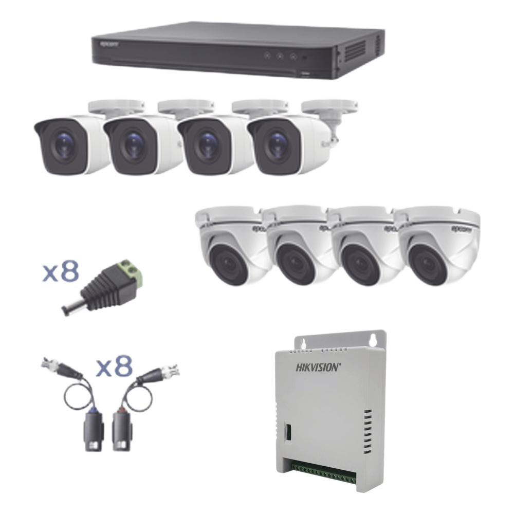 KIT TurboHD 1080p / DVR 8 Canales / 4 Cámaras Bala (exterior 2.8 mm) / 4 Cámaras Eyeball (exterior 2.8 mm) / Transceptores / Conectores / Fuente de